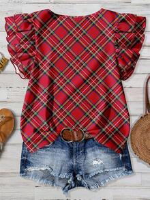 EMERY ROSE Women's Round Neck Short Sleeve Romantic Elegant Plaid Print Blouse, Suitable For Outings, Work Commute, Dates, Parties, Chic Spring - Multicolor - View 2