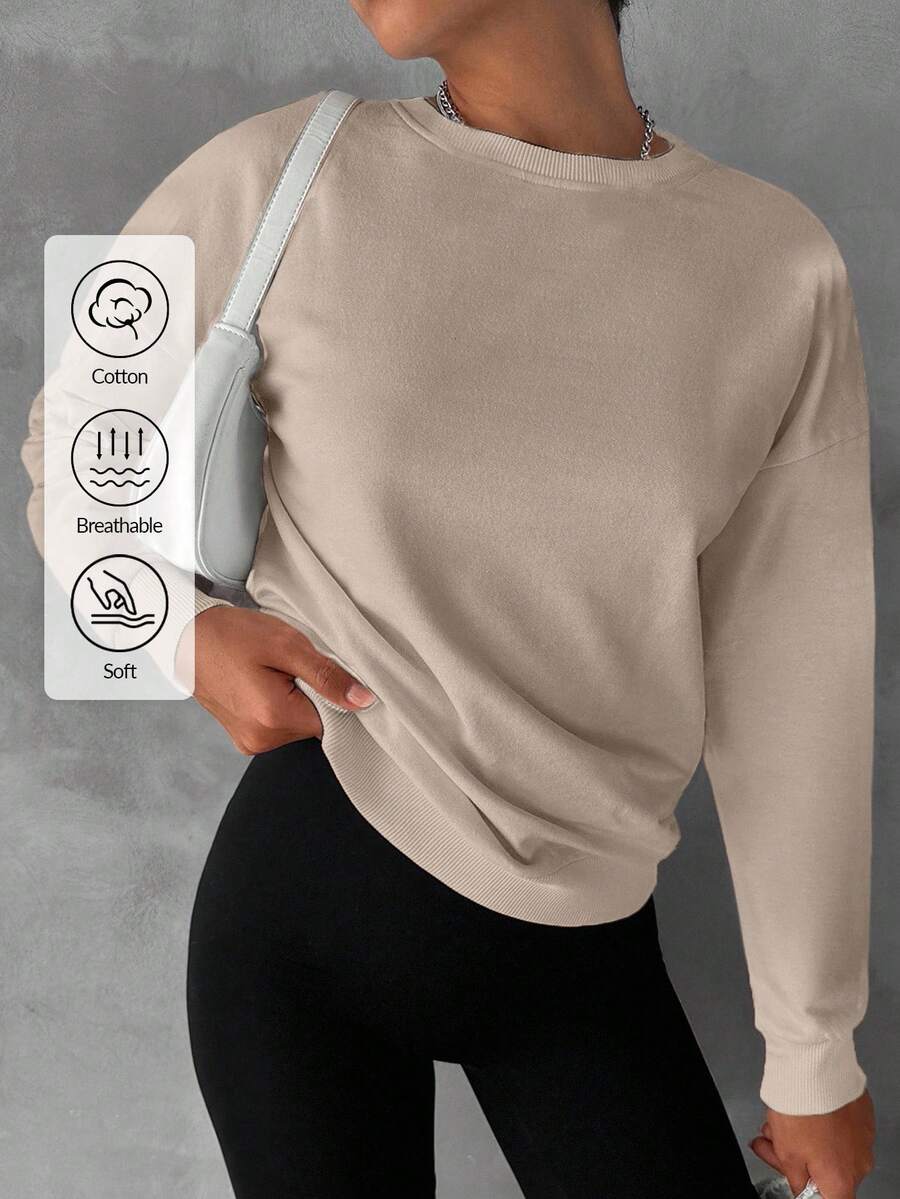 EURMUSE Cotton Solid Drop Shoulder Sweatshirt - Beige - View 1