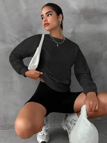 EURMUSE Cotton Solid Drop Shoulder Sweatshirt - Black - View 5