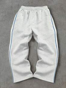 SUMWON Relaxed Fit Sweatpants With Blue Side Stripe Detail Elastic Waistband Drawstring Closure Fleece Material Casual Loungewear Comfort - Light Grey - View 2