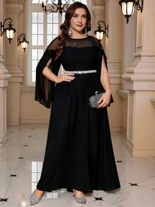 SHEIN Clasi 大码优雅派对连衣裙，圆领镂空设计，长袖，雪纺A字廓形；秋季圆领镂空设计开衩长喇叭袖雪纺A字连衣裙。 - 黑色 - 查看 6