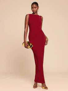 SHEIN BAE Red Sleeveless Backless Metal Buckle Decor Sexy Elegant Dress, Suitable For Valentine's Day, Party, Romantic Date, Bridesmaid, Prom, Birthday, Spring/Summer Open Back Dresses Gowns Glamorous Dress - Red - View 5