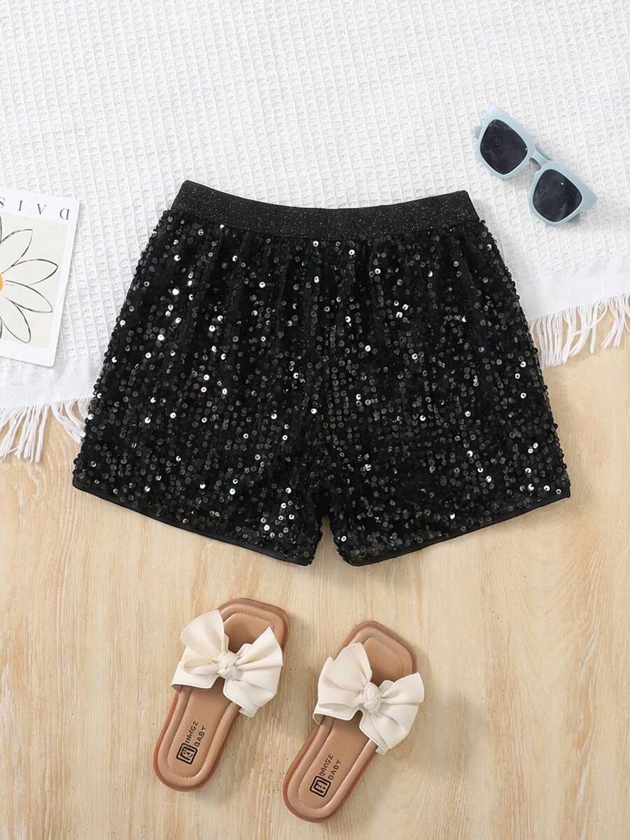 SHEIN Quần short ống rộng đính hạt dành cho bé gái tuổi teen, thích hợp mặc đi nghỉ mát. - màu đen - Xem 1