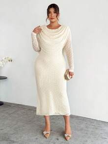 Firerie 大码优雅舒适长袖连衣裙，适合派对、约会、舞会、度假、高端场合、下午茶等，弹力纹理荷叶边领口，收腰设计 - 杏色 - 查看 7