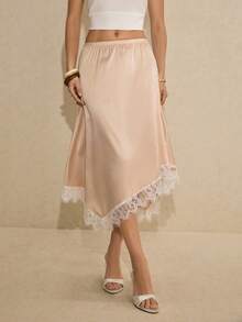 Poéselle Women's Contrast Lace Asymmetric Hem Elegant Skirt,Beige Lace Hem Midi Slip Skirt For Women, High Waist Asymmetrical Elegant Summer Skirt, Casual Chic Outfit,French-Style Skirt - Champagne - View 5