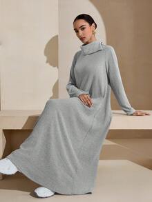 Al Najma Women's Elegant Long Sleeve Split Neck Dress In Brown, Soft Fleece Fabric, Suitable For Autumn - Grey - View 7
