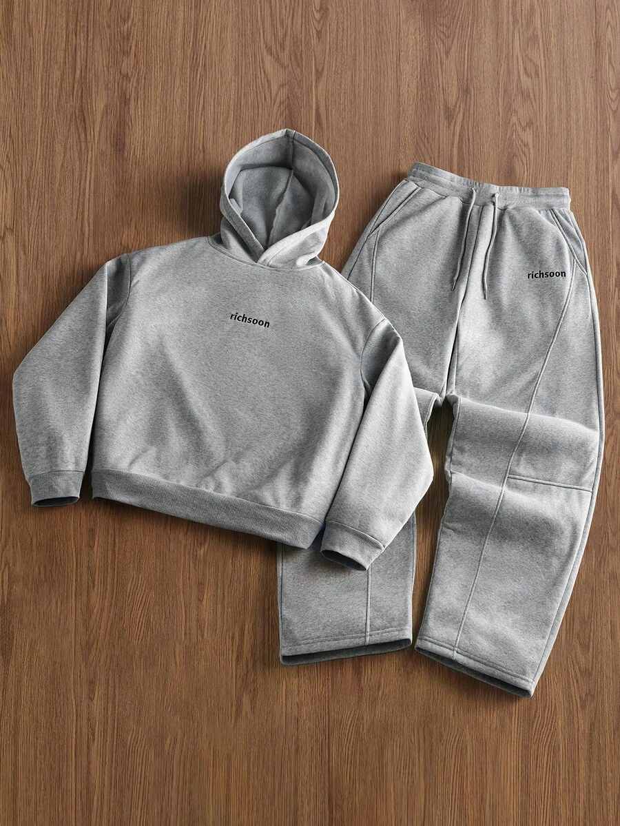 TOKVUE 男士保暖加厚字母印花长袖连帽衫和运动裤休闲套装，灰色两件套 - 灰色 - 查看 1