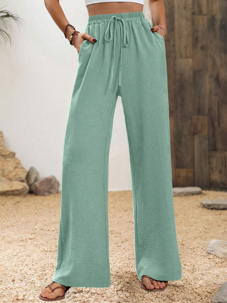 SHEIN PETITE Pantalones rectos con bolsillos y cintura elástica de estilo bohemio para mujer, adecuados para la playa, vacaciones y verano - verde menta - Ver 1