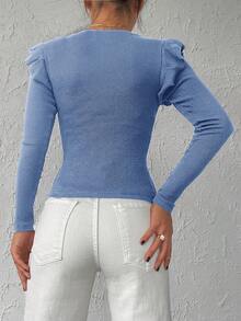 EURMUSE 95% Cotton Ribbed Knit Ruffle Trim Tee - Baby Blue - View 2