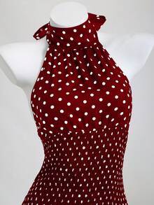Elamini Black & White Polka Dot Halter Neck Waist Back Cutout Ruffle Hem Mini Dress, Elegant Romantic Cute For Vacation, Beach, Daily Wear, Date, Summer - Red - View 5