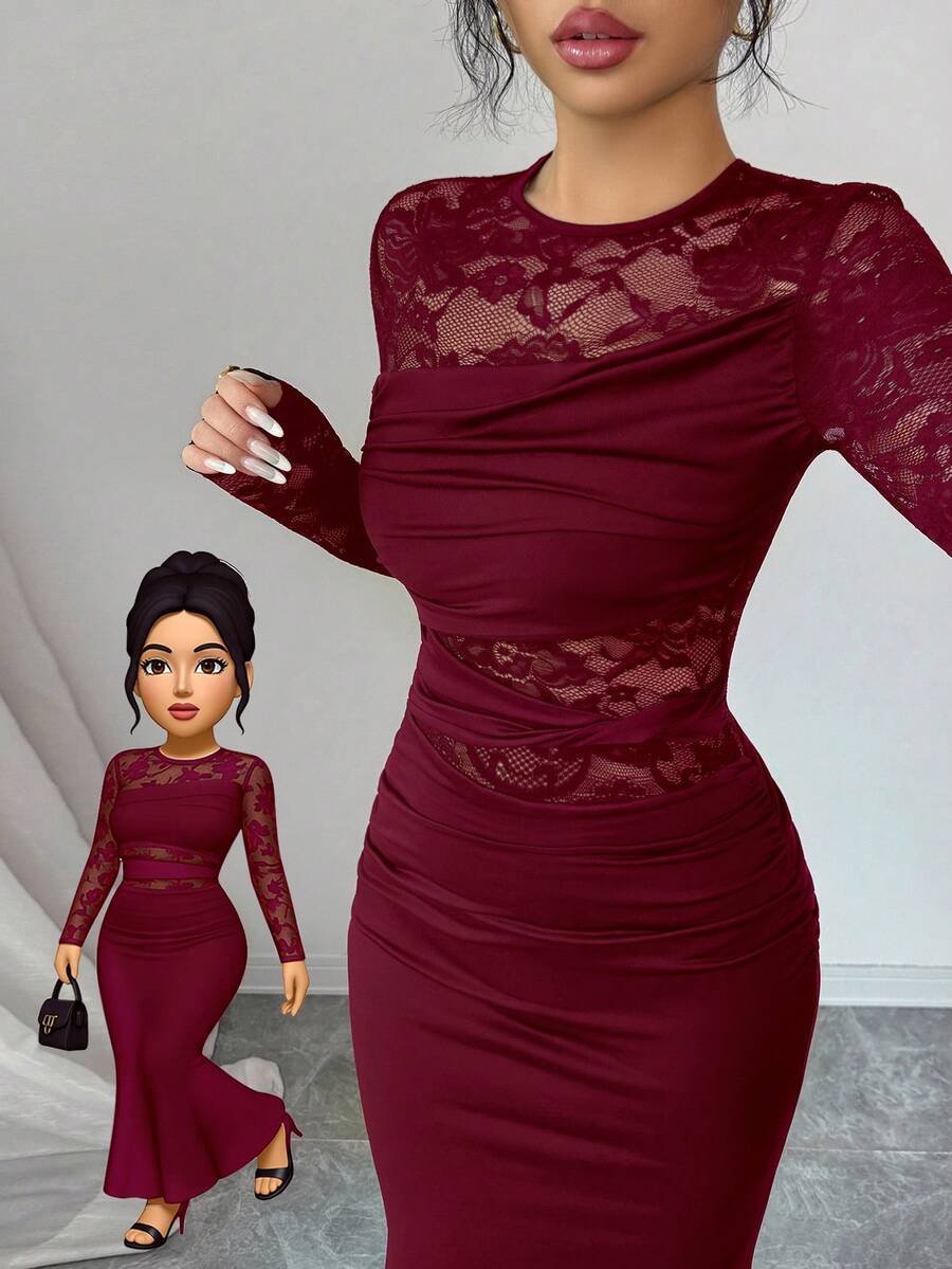Glamine 极简时尚褶皱蕾丝拼接牛奶丝弹力圆领长袖连衣裙，适合单身派对、聚会等场合。 - 酒紅色 - 查看 1