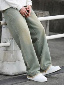 Manfinity Homme Men's Fashionable Casual Washed Slant Pocket Straight Leg Jeans Men Wide Leg Pants - Blue - View 7