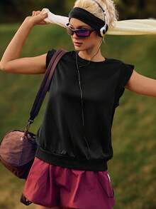 SHEIN Unity Women's Solid Color Crew Neck Soft & Comfortable Cap Sleeve Sports Tank Top - Black - View 6