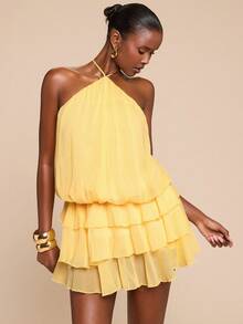 SHEIN BAE Women's Elegant Halter Tie Bubble Ruffle Jumpsuit, Spring/Summer - Yellow - View 4