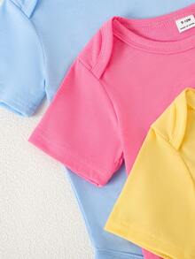 SHEIN Playful Pals 5件套女婴柔软舒适圆领纯色糖果连体衣，时尚休闲日常穿着，易于穿脱，短袖短裤款式，春夏款 - 彩色 - 查看 9