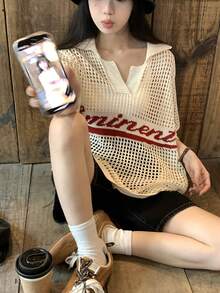 DAZY Teen Girl Letter Print Hollow Out Loose Fit Pullover Sweater - Apricot - View 8