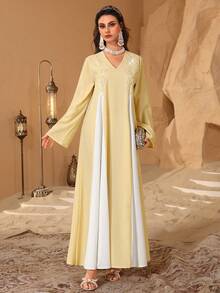 Al Najma Contrast Color Embroidered Applique V-Neck Elegant Long Sleeve Dress - Yellow - View 5