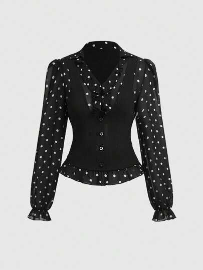 Vintage Gothic Polka Dot Patchwork Long Sleeve Blouse For Women