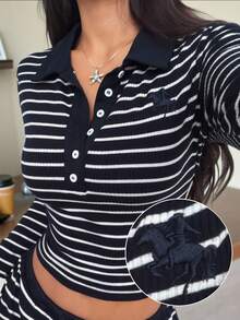 SHEIN EZwear 藏蓝色条纹刺绣针织上衣 - 藍色 - 查看 3