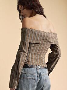 Easelle 休闲复古露肩收腰性感条纹女式衬衫 - 彩色 - 查看 2