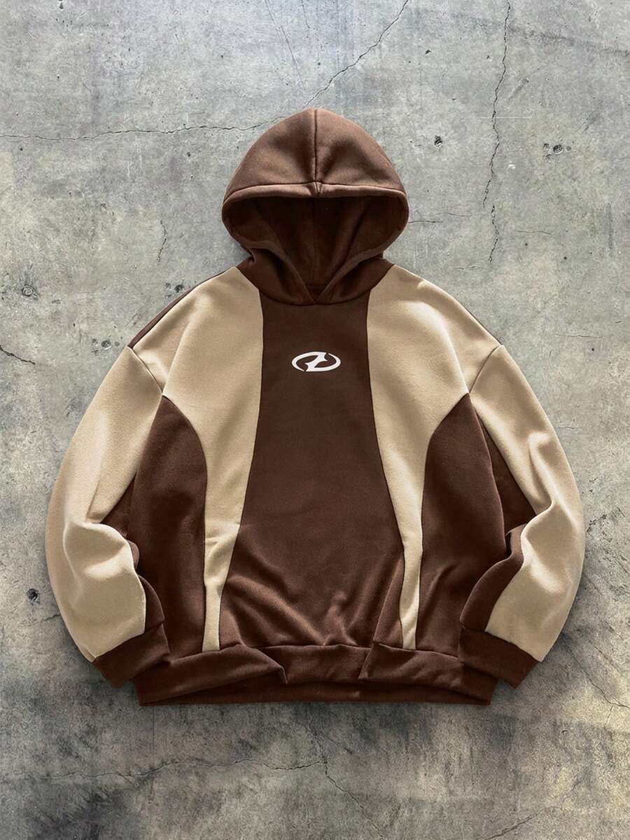 AXEPEAK Plus Size Men's Geometric Print Contrast Color Casual Hoodie Sweatshirt - Multicolor - View 1