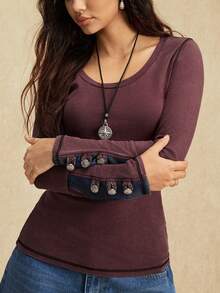 Easelle Casual Retro Scoop Neck Fitted Metal Design Women T-Shirt Women Long Sleeve Tops Winter Tops For Women Long T Shirt For Women Fitted Tops Women Winery Clothes For Women