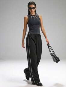 SHEIN EZwear 街頭風格休閒寬腿顏色拼塊及磨邊裝飾女士踝長褲 - 黑色 - 查看 4