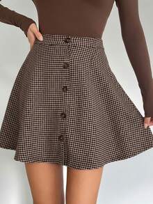 SHEIN Váy chữ A cài nút họa tiết răng sói cổ điển thanh lịch, đơn giản, thường ngày dành cho bé gái tuổi teen, váy họa tiết đại học - màu nâu - Xem 2