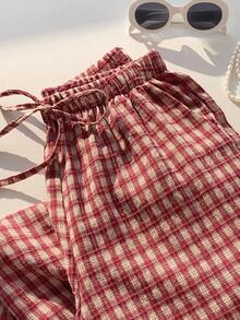 Comfortcana Women's Casual Everyday Plaid Drawstring Waist Pants  Clothes   Summer  Spring Valentine's Day Valentine Clothes  Carnival  Going Out  Outfits For Women Plaid Loungewear Pants Cottagecore Pants Women Red Plaid Trousers Summer Plaid Pants Red Gingham Pants - Red - View 4