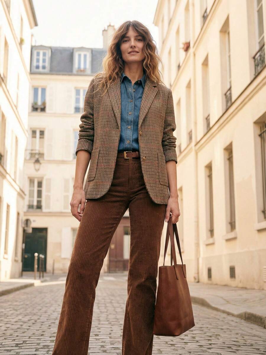 Écloséra 复古法式休闲通勤百搭宽松复古磨毛格纹翻领单排扣卡其色女士西装外套，休闲外套，商务休闲女式外套，秋冬款 - 酒紅色 - 查看 1