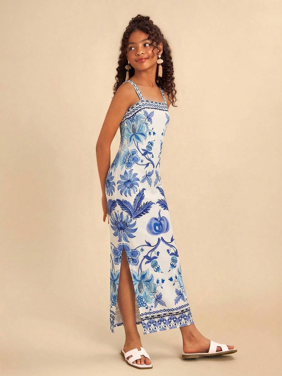 Travachic KIDS Đầm không tay họa tiết hoa thanh lịch, thoải mái cho bé gái tuổi teen, thích hợp cho kỳ nghỉ. - Màu xanh lam - Xem 1