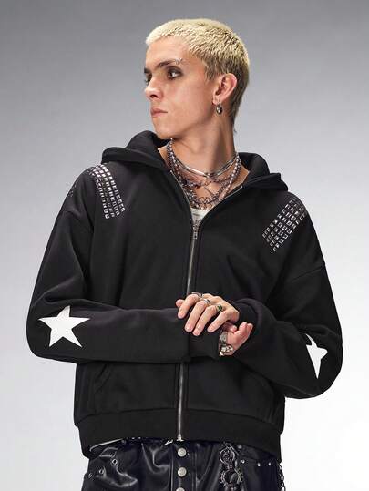 Street Life Sudadera con capucha de hombre con parche de cruz punk y cremallera en el cuello