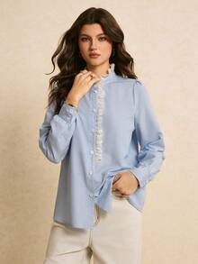 Poéselle 女士条纹长袖休闲时尚衬衫，带荷叶边装饰 - 彩色 - 查看 9