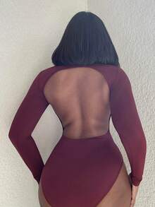 Alexandranx Women's Solid Color Long Sleeve Backless High Neck Sexy Bodysuit - Burgundy - View 2