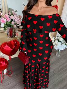 Vionelle Đầm dài tay trễ vai kiểu Pháp thanh lịch dành cho nữ cỡ lớn, thắt eo, in hình trái tim, thích hợp cho ngày Valentine. - màu đen - Xem 3