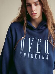 Écloséra Women's Casual Letter Embroidered Drop Shoulder Hooded Long Sweatshirt, Autumn - Blue - View 2