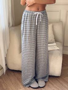 CovetEZ Women's Casual Plaid Lace-Up Loose Fit Pants - Blue - View 4