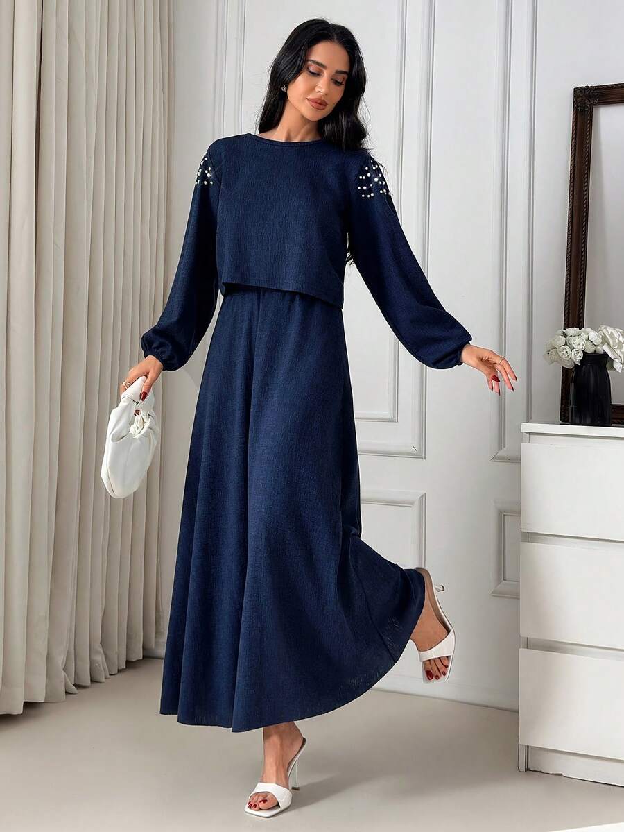 EURMUSE Bộ đồ hai mảnh dành cho nữ, gồm áo và chân váy, với chi tiết hình quả lê. - Xanh đậm - Xem 1