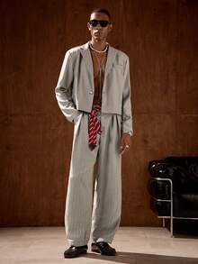 AKNOTIC 男士纯色通勤西装套装 - 圣诞派对宴会商务休闲外套和裤子两件套，男友节日礼物 - 灰色 - 查看 3