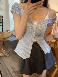 DAZY Women's Ruffled Striped Sleeveless Top, Fresh And Youthful For Summer Vacation - Blue - View 7