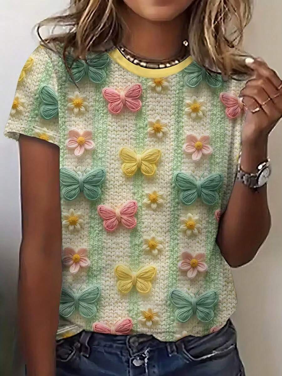 EMERY ROSE Women's Bow Tie Contrast Stripe 3D Digital Print Round Neck T-Shirt