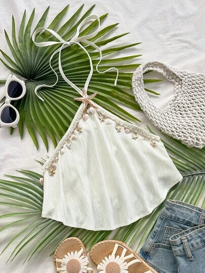 Soleia Women's Casual Halter Neck Backless Bow Tie Floral Splice Ruffle Hem Loose Top, Suitable For Beach, Party, Graduation Season