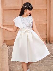 Elegant Satin Midi Dress In Beige, Suitable For Formal Occasions And Celebrations Such As Birthdays, Spring/Summer - Beige - View 3