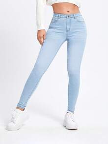 SHEIN PETITE Women's Slim Fit Skinny Denim Pencil Pants - Light Wash - View 3