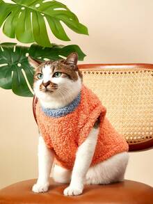 PETSIN 1 Buah Rompi Bulu Lembut Dua Sisi Hangat, Elastis dan Nyaman Warna Oranye dengan Leher Bulat Tanpa Lengan yang Dapat Ditarik untuk Hewan Peliharaan Kucing dan Anjing - Jeruk - View 5