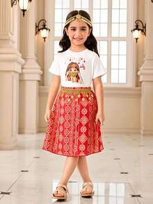 SHEIN 2 pièces/Set Jeune fille Impression de fille mignonne T-shirt à col rond à manches courtes et jupe tissée imprimée à franges de perles florales Tenue décontractée, Printemps/Été - Rouge - Voir 4