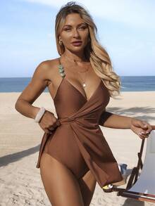 Swim Lushoire 女士夏季沙滩度假交叉褶皱串珠装饰棕色连体泳衣 - 棕色 - 查看 5