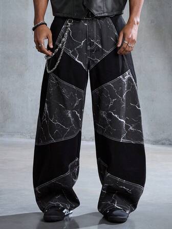 Street Life Jeans rectos con estampado de relámpago y parches para hombres