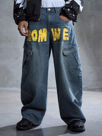 Street Life Pantalones cargo de hombre con estampado de letras azul