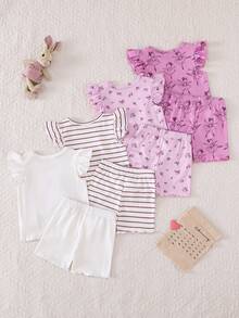 SHEIN Playful Pals 8件套女婴0-3岁春夏休闲日常服装可爱芭蕾女童无袖T恤和短裤8件套服装套装